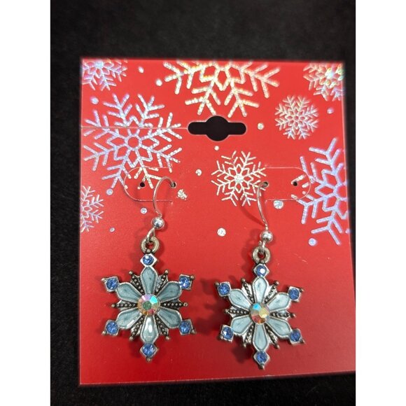 Christmas Winter Snowflake Earrings Blue Aurora Borealis Crystal Dangle Drop - Picture 1 of 8